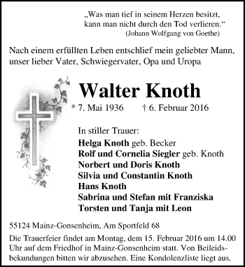 Traueranzeige von Walter Knoth von  Allgemeine Zeitung Mainz