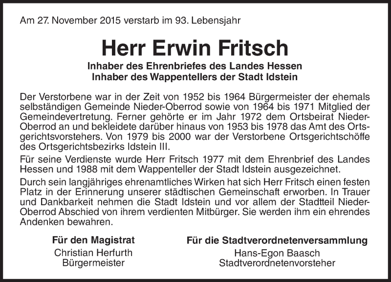  Traueranzeige für Erwin Fritsch vom 10.12.2015 aus  Idsteiner Zeitung