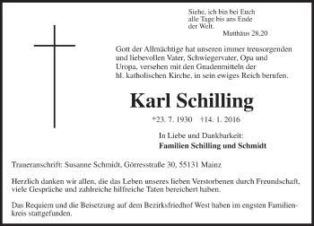 Traueranzeige von Karl Schilling von  Allgemeine Zeitung Mainz