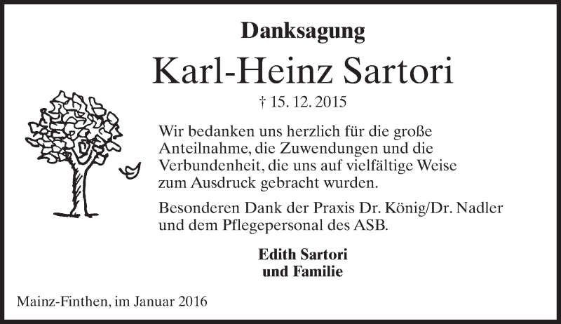  Traueranzeige für Karl-Heinz Sartori vom 16.01.2016 aus  Allgemeine Zeitung Mainz