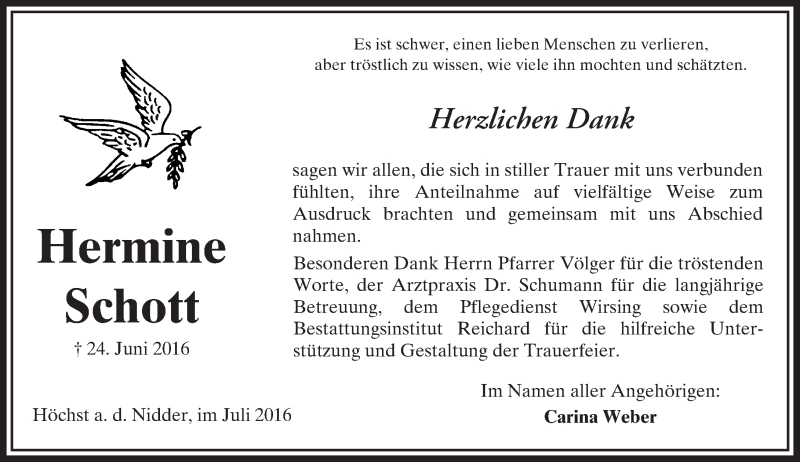  Traueranzeige für Hermine Schott vom 23.07.2016 aus  Sonntags Anzeiger