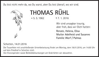 Traueranzeige von Thomas Rühl von  Kreisanzeiger