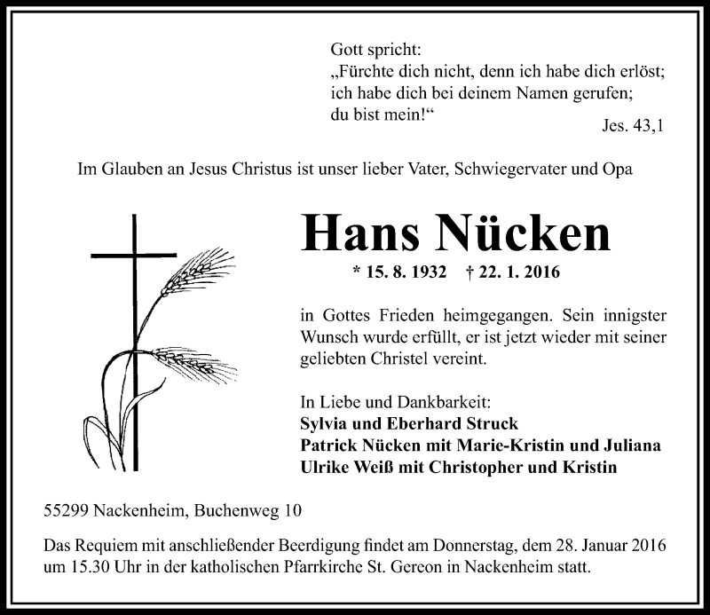  Traueranzeige für Hans Nücken vom 25.01.2016 aus  Allgemeine Zeitung Mainz