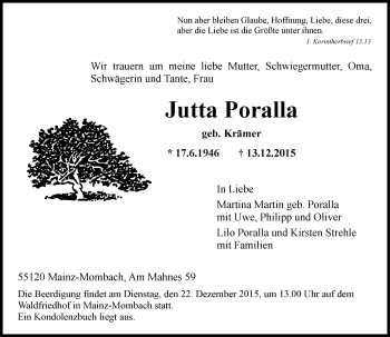 Traueranzeige von Jutta Poralla von  Allgemeine Zeitung Mainz