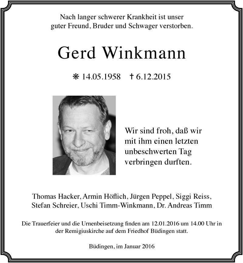  Traueranzeige für Gerd Winkmann vom 09.01.2016 aus  Kreisanzeiger