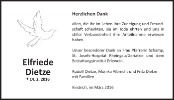 Traueranzeige von Elfriede Dietze von  Rheingau