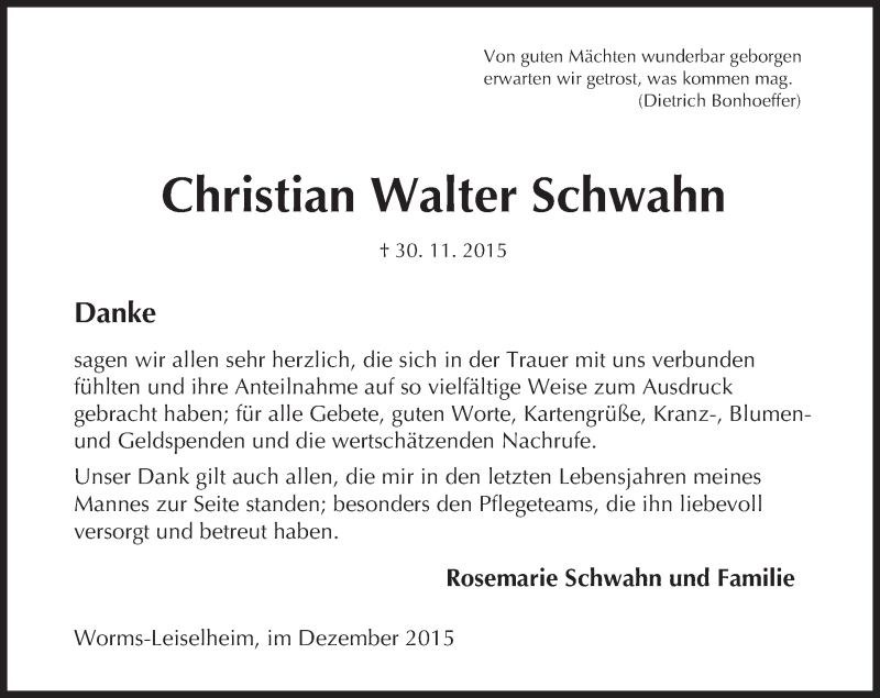  Traueranzeige für Christian Walter Schwahn vom 23.12.2015 aus  Wormser Zeitung