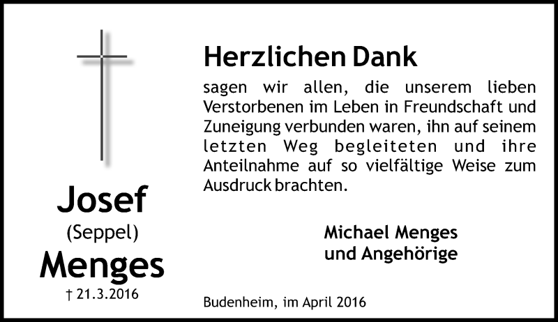  Traueranzeige für Josef Menges vom 21.04.2016 aus  Allgemeine Zeitung Mainz