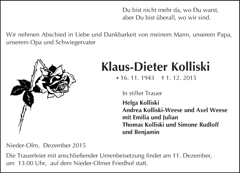  Traueranzeige für Klaus-Dieter Kolliski vom 04.12.2015 aus  Allgemeine Zeitung Mainz