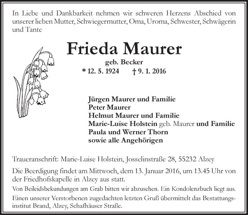  Traueranzeige für Frieda Maurer vom 12.01.2016 aus  Allgemeine Zeitung Alzey
