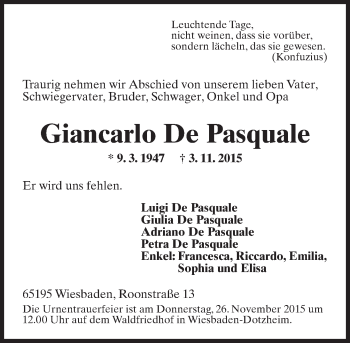 Traueranzeige von Giancarlo De Pasquale von  Wiesbaden komplett
