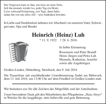 Traueranzeige von Heinrich Luh von  Gießener Anzeiger