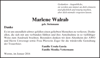 Traueranzeige von Marlene Walrab von  Wormser Zeitung
