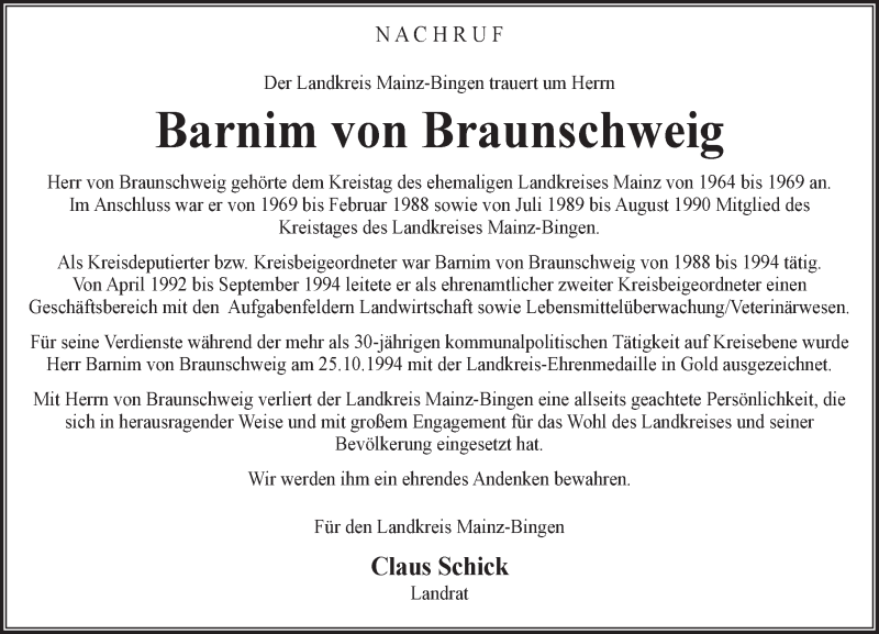  Traueranzeige für Barnim von Braunschweig vom 03.02.2016 aus  Allgemeine Zeitung Mainz