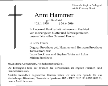 Traueranzeige von Anni Hammer von Trauerportal Rhein Main Presse