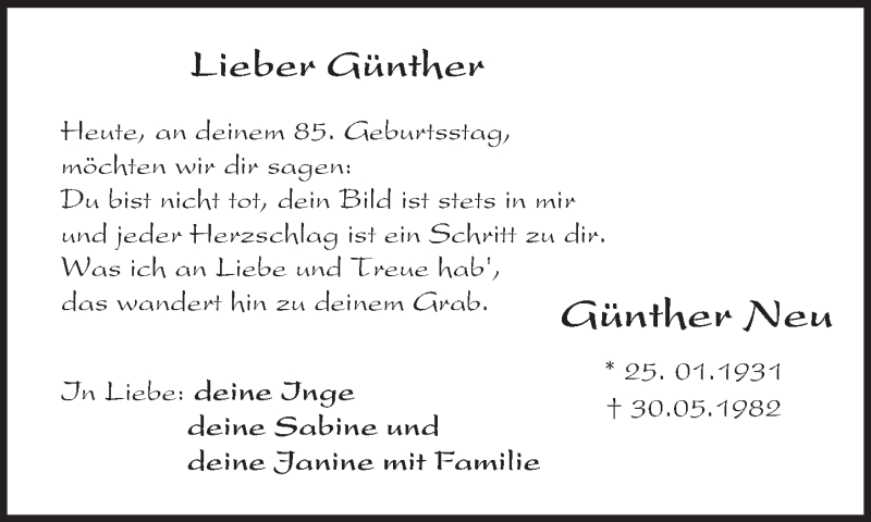  Traueranzeige für Günther Neu vom 25.01.2016 aus  Wormser Zeitung