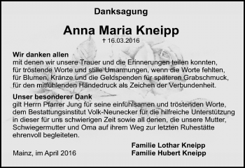 Traueranzeige von Anna Maria Kneipp von  Allgemeine Zeitung Mainz