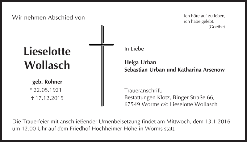  Traueranzeige für Lieselotte Wollasch vom 09.01.2016 aus  Wormser Zeitung