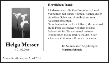 Traueranzeige von Helga Messer von  Allgemeine Zeitung Mainz