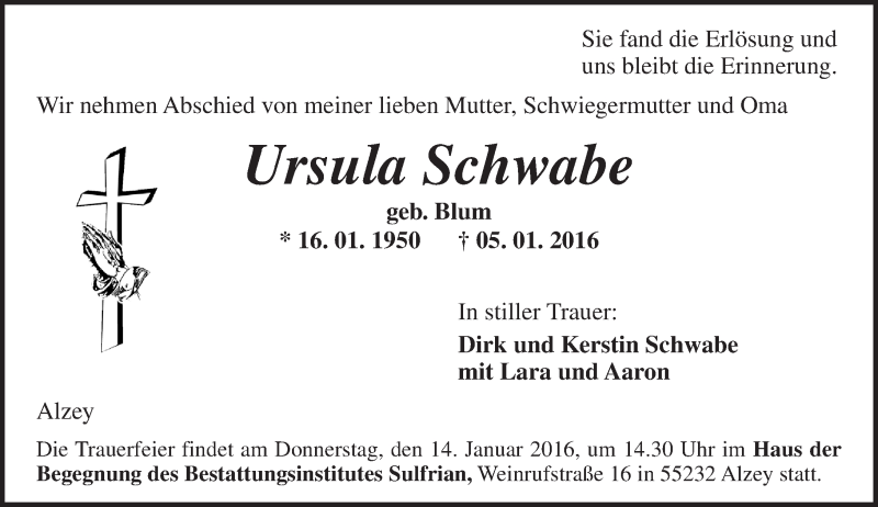  Traueranzeige für Ursula Schwabe vom 09.01.2016 aus  Allgemeine Zeitung Alzey