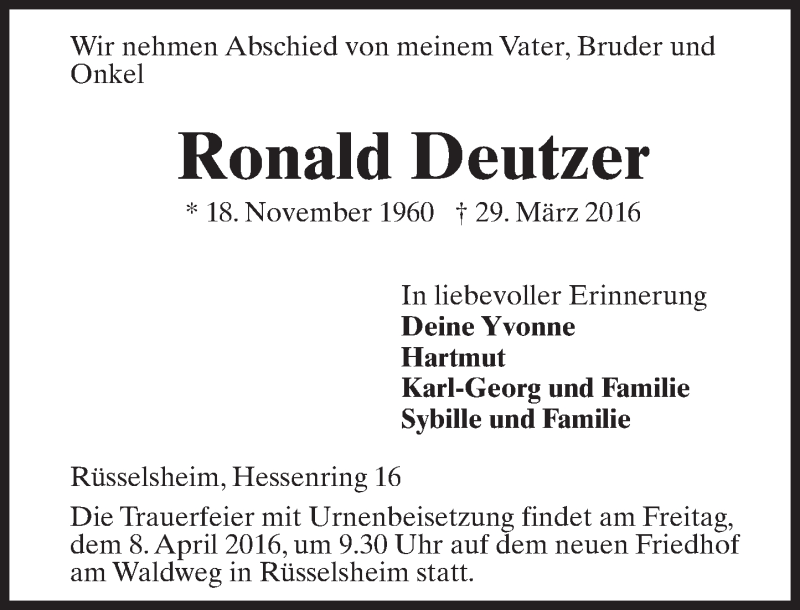  Traueranzeige für Ronald Deutzer vom 02.04.2016 aus  Mainspitze