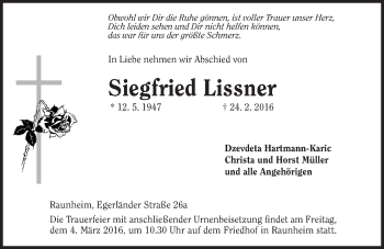 Traueranzeige von Siegfried Lissner von  Mainspitze