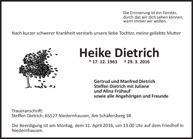  Traueranzeige für Heike Dietrich vom 07.04.2016 aus  Idsteiner Anzeiger