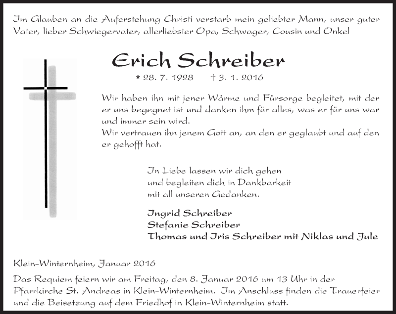  Traueranzeige für Erich Schreiber vom 06.01.2016 aus  Allgemeine Zeitung Mainz