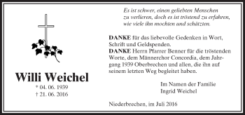 Traueranzeige von Willi Weichel von  Camberger Anzeiger