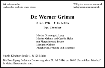 Traueranzeige von Werner Grimm von Trauerportal Rhein Main Presse