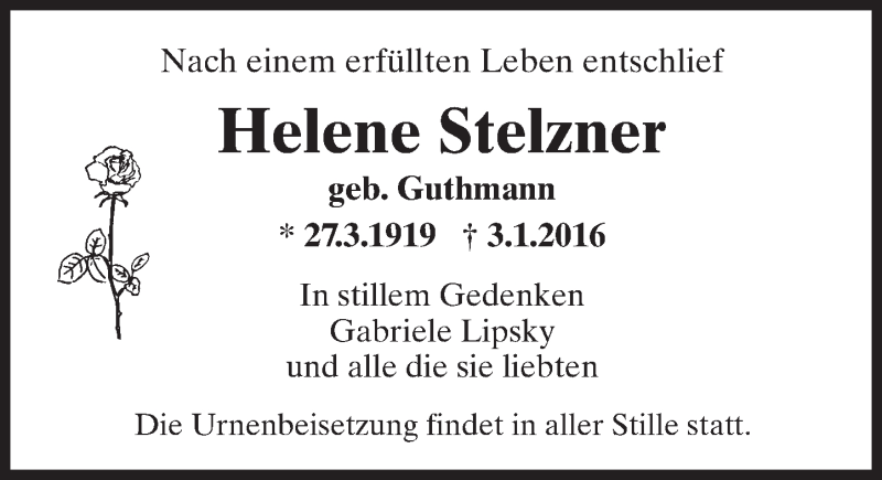  Traueranzeige für Helene Stelzner vom 09.01.2016 aus  Rheingau