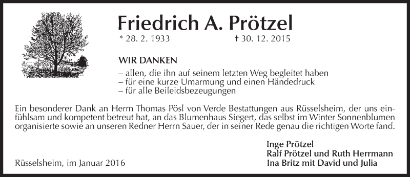  Traueranzeige für Friedrich A. Prötzel vom 20.01.2016 aus  Mainspitze