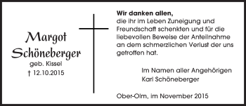 Traueranzeige von Margot Schöneberger von  Allgemeine Zeitung Mainz