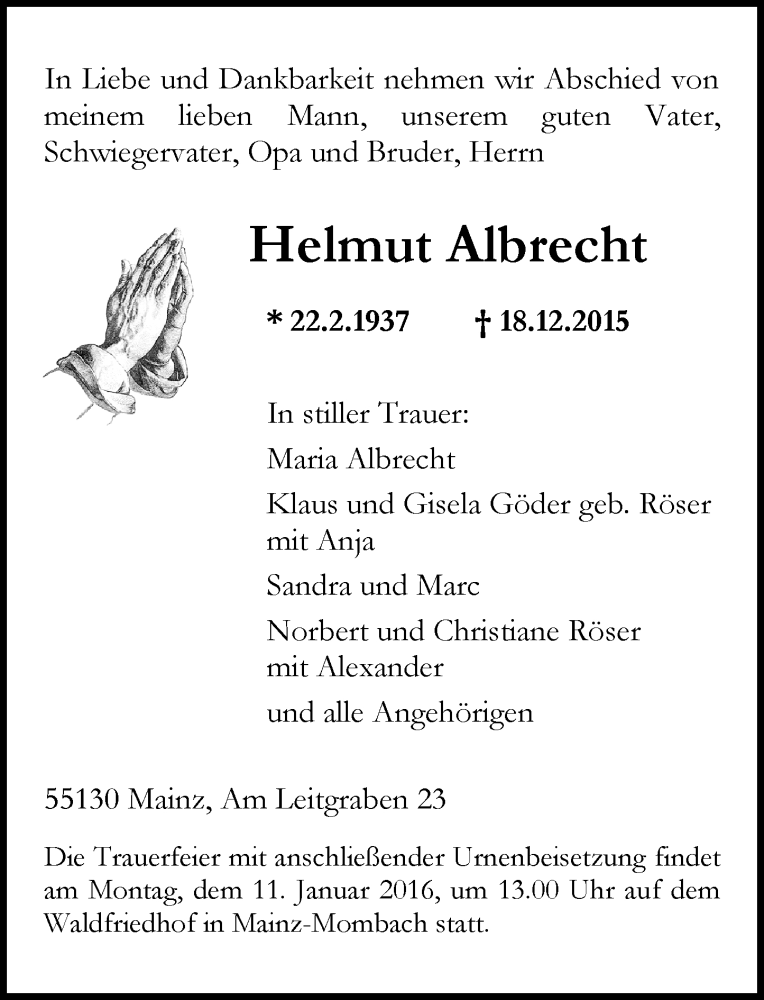  Traueranzeige für Helmut Albrecht vom 06.01.2016 aus  Allgemeine Zeitung Mainz