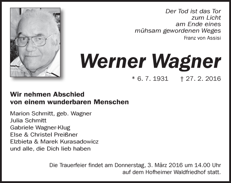  Traueranzeige für Werner Wagner vom 01.03.2016 aus  Hofheimer Zeitung