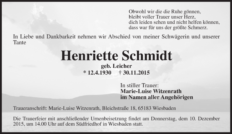  Traueranzeige für Henriette Schmidt vom 05.12.2015 aus  Wiesbaden komplett