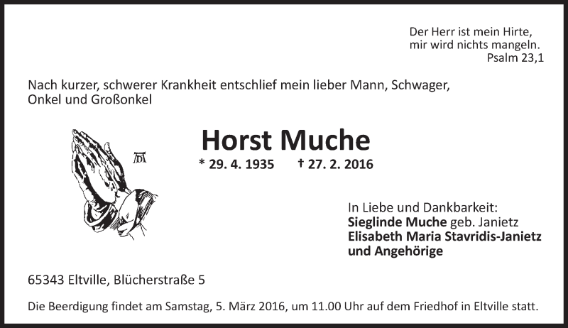  Traueranzeige für Horst Muche vom 01.03.2016 aus  Wiesbaden komplett