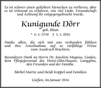 Traueranzeige von Kunigunde Dörr von  Gießener Anzeiger