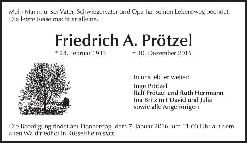  Traueranzeige für Friedrich A. Prötzel vom 05.01.2016 aus  Mainspitze