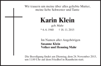 Traueranzeige von Karin Klein von  Mainspitze