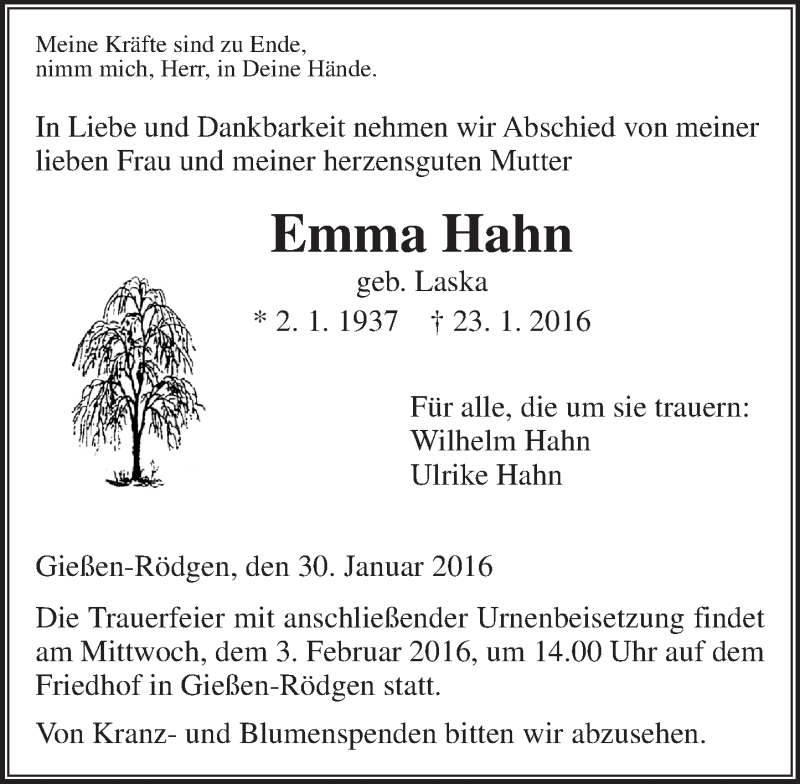  Traueranzeige für Emma Hahn vom 30.01.2016 aus  Gießener Anzeiger