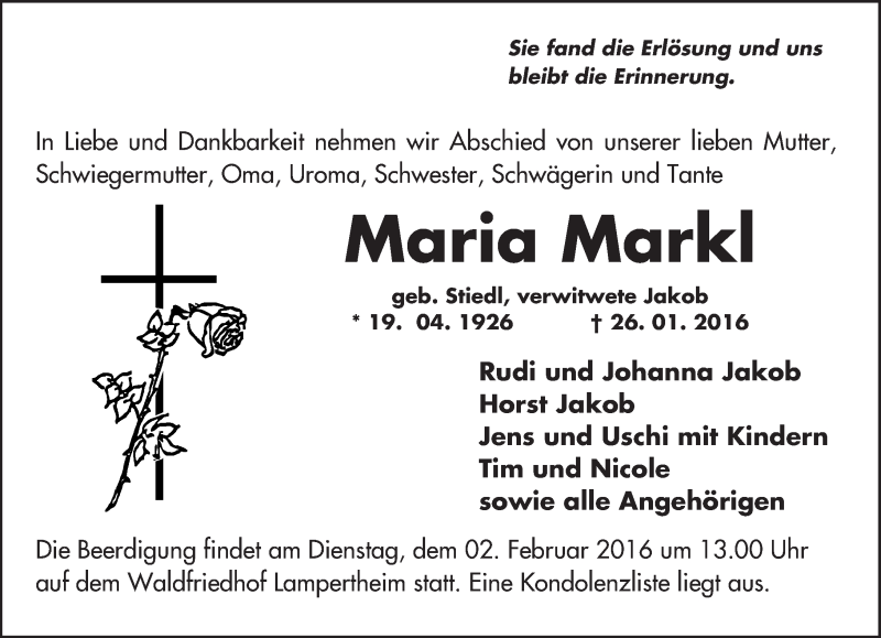  Traueranzeige für Maria Markl vom 30.01.2016 aus  Bürstädter Zeitung