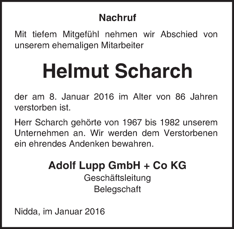  Traueranzeige für Helmut Scharch vom 21.01.2016 aus  Kreisanzeiger