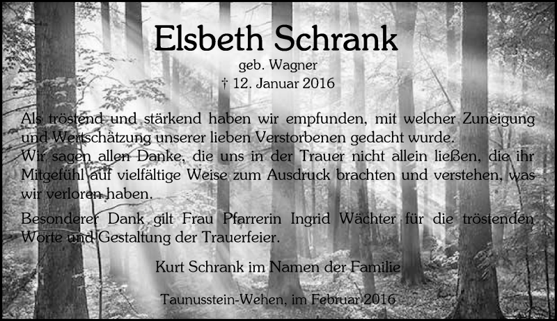  Traueranzeige für Elsbeth Schrank vom 06.02.2016 aus  Wiesbaden komplett