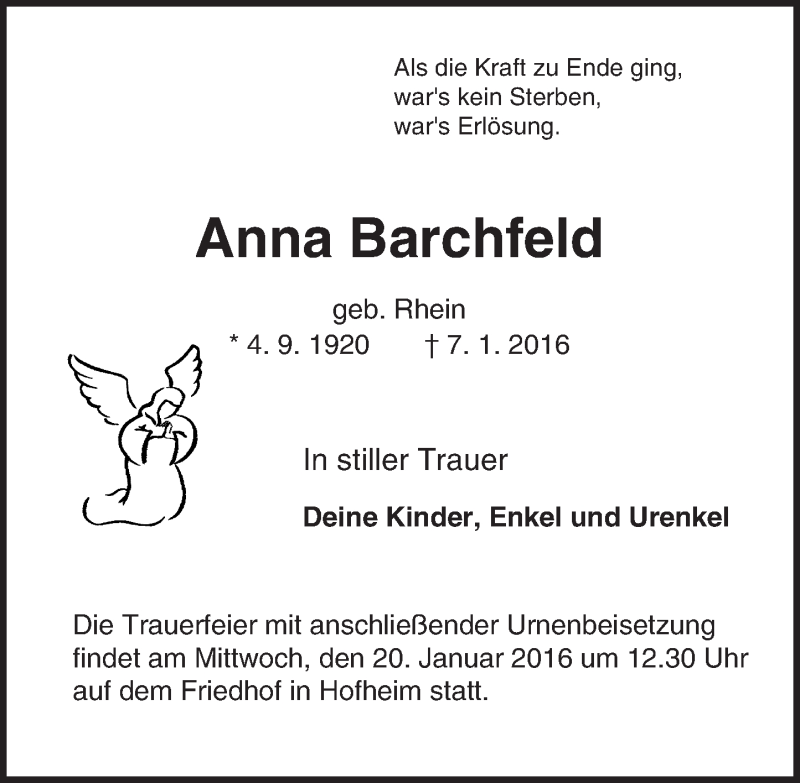  Traueranzeige für Anna Barchfeld vom 18.01.2016 aus  Bürstädter Zeitung