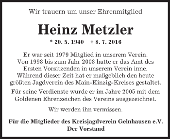 Traueranzeige von Heinz Metzler von  Gelnhäuser Tageblatt