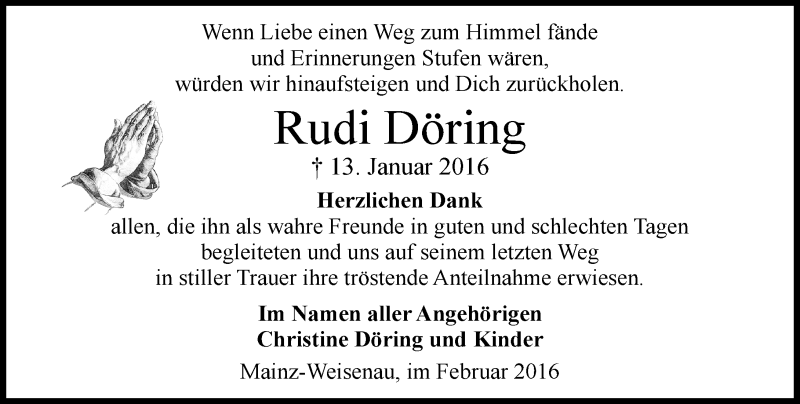  Traueranzeige für Rudi Döring vom 06.02.2016 aus  Allgemeine Zeitung Mainz