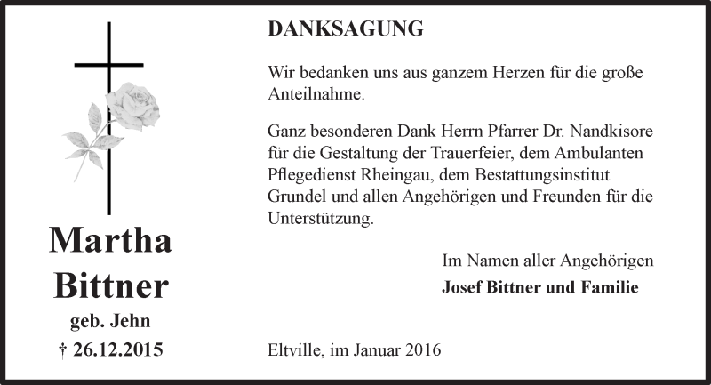  Traueranzeige für Martha Bittner vom 16.01.2016 aus  Rheingau