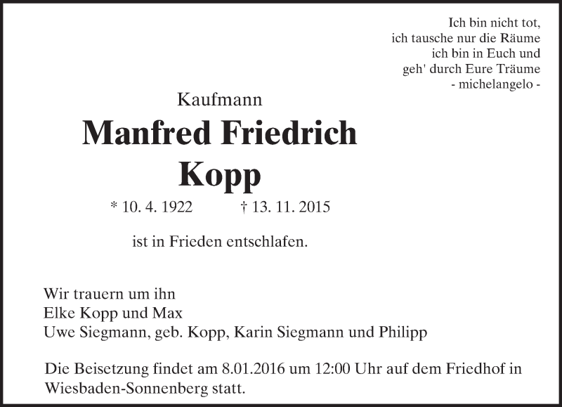  Traueranzeige für Manfred Friedrich Kopp vom 30.12.2015 aus  Wiesbaden komplett