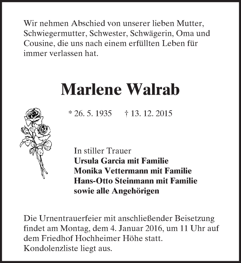  Traueranzeige für Marlene Walrab vom 31.12.2015 aus  Wormser Zeitung